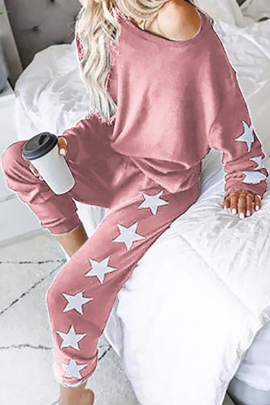 Leisure Style T-Shirt Star Pattern off the Shoulder Long Sleeve Relaxed Fitted Tee Top with Pants Co-ords for Women