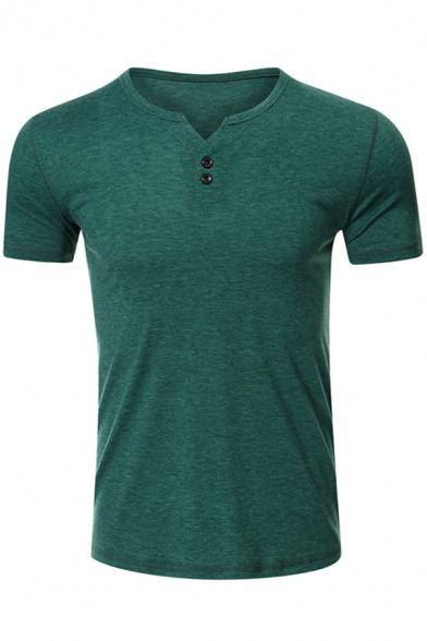 Mens Basic Solid Color Short Sleeves Button Front Casual Henley Shirt