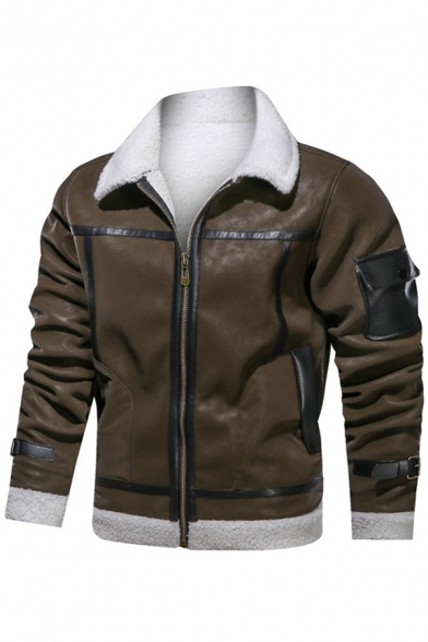 Mens Jacket Unique Contrast Panel Buckle Detail Fur-Lined Zipper up Turn-down Collar Long Sleeve Regular Fit Leather Jacket