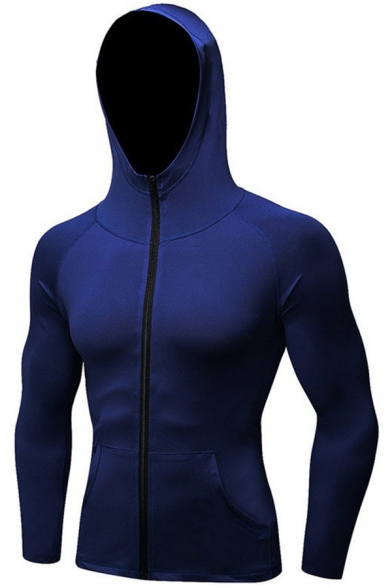 Mens Jacket Unique Plain Space Dye Quick-Dry Zipper Detail Slim Fitted Long Sleeve Hooded Sporty Jacket