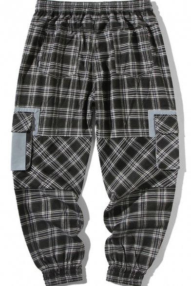 Mens Pants Casual Plaid Devil Pattern Letter Embroidered Flap Pockets Cuffed Drawstring Waist Ankle Length Loose Fit Tapered Cargo Pants