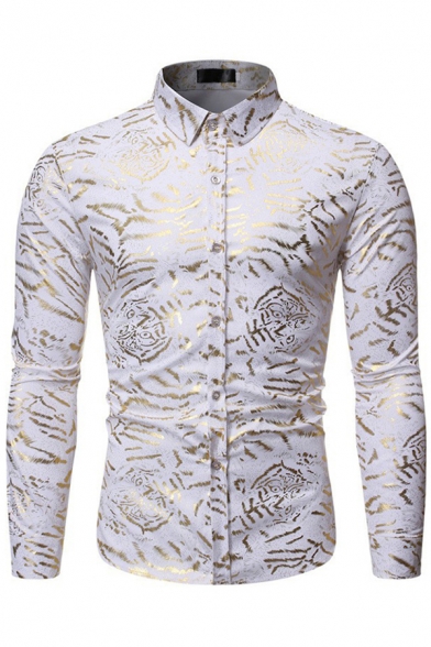 Mens Shirt Fashionable Gilding Tiger Striped Pattern Button-down Long Sleeve Point Collar Slim Fitted Shirt