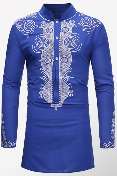 Mens T-Shirt Casual Button Detail African Style Long Sleeve Stand Collar Slim Fitted Tunic Tee Top