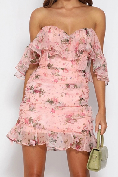 Novelty Womens Dress Ditsy Floral Print Ruffle Detail Mini Slim Fitted Short Sleeve off Shoulder Sweetheart Neck Bodycon Dress