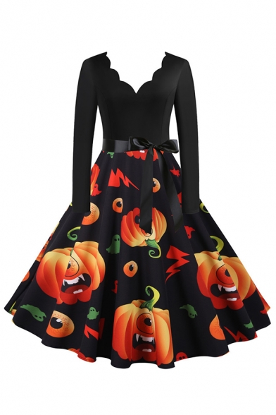 Novelty Womens Dress Pumpkin Ghost Pattern Bow Tie Waist Midi A-Line Slim Fitted Scalloped V Neck Long Sleeve Swing Dress
