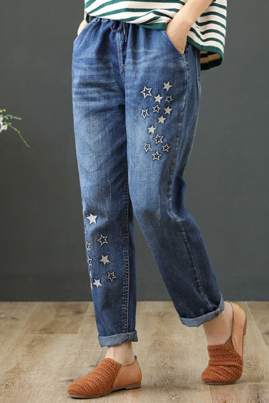 Novelty Womens Jeans Star Embroidery Medium Wash Elastic Waist Regular Fit Full Length Tapered Jeans