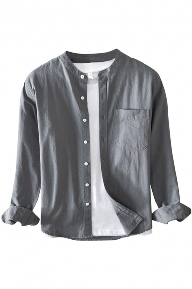 Retro Mens Shirt Plain Chest Pocket Stand Collar Button down Regular Fit Long Sleeve Shirt