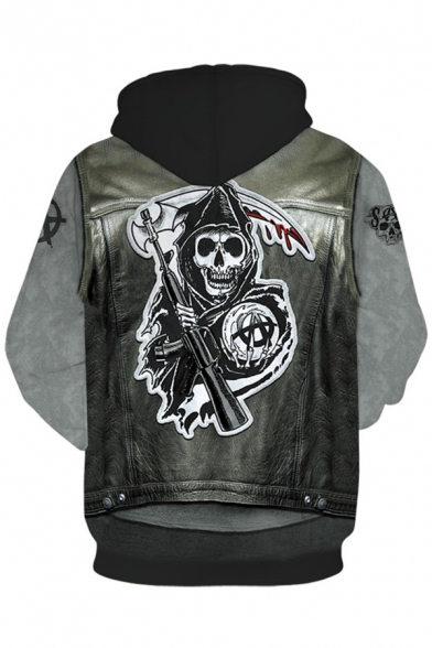 Unique 3D Jacket Skull Pattern Back Long Sleeve Casual Gray Hoodie