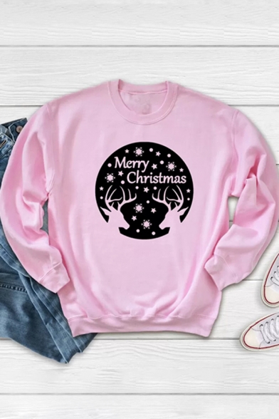 Vintage Womens Pullover Sweatshirt Reindeer Snowflake Letter Merry Christmas Print Round Neck Long Sleeve Loose Fit Pullover Sweatshirt