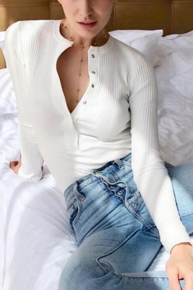 Womens Bodysuit Trendy Plain Rib Knitted Single-Breasted Long Sleeve Stand Collar Slim Fitted Bodysuit