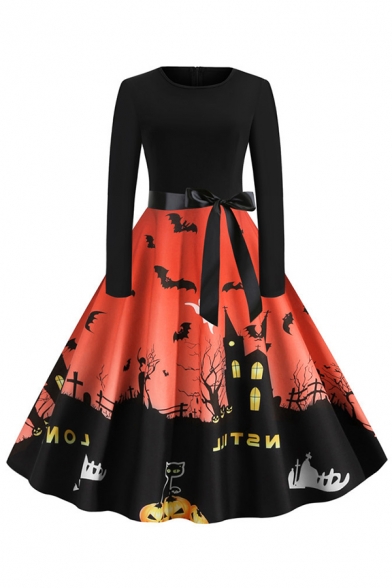 Womens Dress Chic Pumpkin Branch Cat Bat Castle Letter Pattern Bow Tie Waist Midi A-Line Slim Fitted Round Neck Long Sleeve Swing Dress