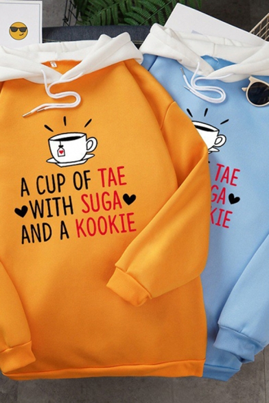Womens Graphic Hoodie Creative Heart Letter A Cup of Tea with Sugar and a Cookie Print Drawstring Loose Fit Long Sleeve Contrast-Hooded Sweatshirt