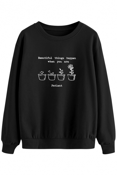Womens Sweatshirt Trendy Potted Plant Letter Beautiful Things Happen When You Are Patient Print Crew Neck Long Sleeve Loose Fit Pullover Sweatshirt