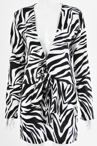 Basic Womens Dress Zebra Stripe Pattern Tie Front Deep V Neck Long Sleeve Slim Fitted Mini Bodycon Dress
