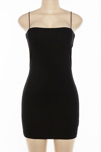 Classic Womens Dress Solid Color Slim Fitted Mini Bodycon Sleeveless Spaghetti Strap Slip Dress