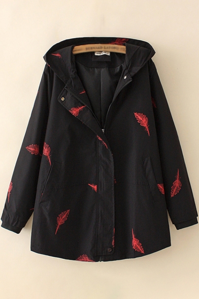 Classic Womens Trench Coat Feather Pattern Zipper up Hooded Loose Fit Long Sleeve Trench Coat