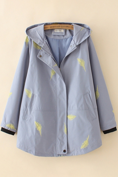 Classic Womens Trench Coat Feather Pattern Zipper up Hooded Loose Fit Long Sleeve Trench Coat