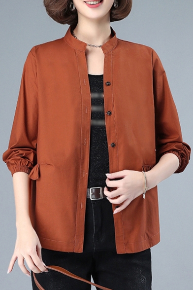 Classy Womens Shirt Plain Ruffle-Trimmed Waist Button-down Elastic Cuff Long Sleeve Stand Collar Shirt