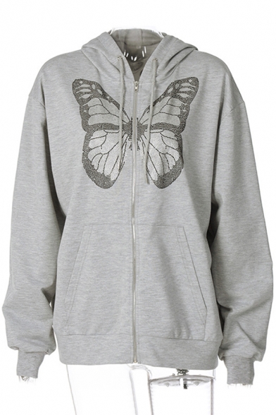Creative Womens Hoodie Butterfly Print Pockets Zipper Fly Drawstring Long Sleeve Loose Fit Hooded Sweatshirt
