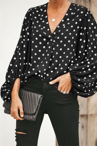 Elegant Ladies Polka Dot Print Long Sleeve V-neck Relaxed Fit Shirt Top