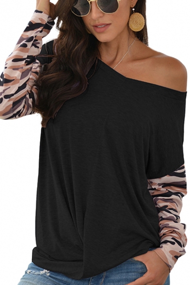 Fashion Womens Tee Top Plain Twisted Hem Camo Print Patchwork Full Sleeve V-Neck Fitted T-Shirt