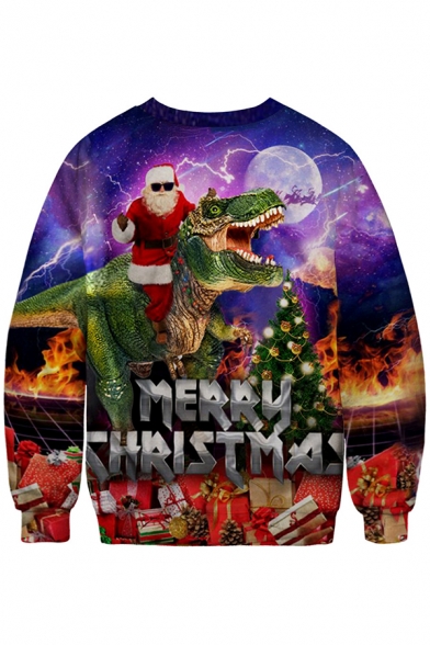 Funny 3D Santa Claus Dinosaur Pattern Round Neck Long Sleeve Purple Sweatshirt