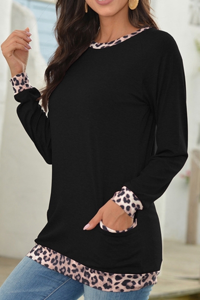 Girls Basic T-Shirt Plain Leopard Skin Print Trim Waist Pocket Round Neck Long Sleeve Fitted Tee Top