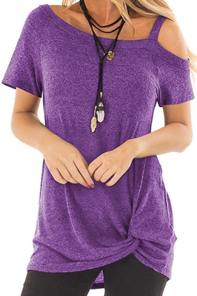 Leisure T-Shirt Twist Design Hollow out Solid Color Cold Shoulder Short Sleeve Regular Tank Top for Women