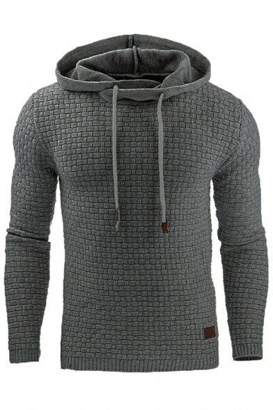 Mens Hoodie Simple Plain Lattice Pattern Drawstring Long Sleeve Slim Fit Hooded Sweatshirt