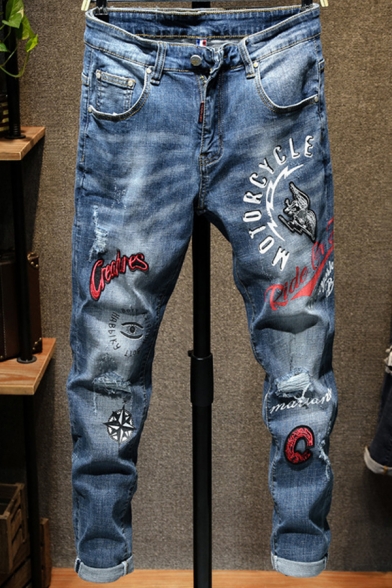 Mens New Fashion Graphics Embroidered Patch Stretch Fit Blue Ripped Jeans