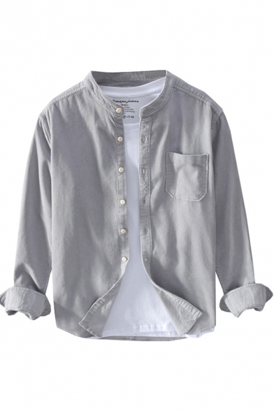 Mens Shirt Chic Plain Corduroy Button up Chest Pocket Stand Collar Long Sleeve Regular Fit Shirt