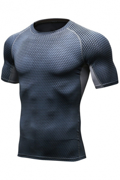Mens T-Shirt Chic 3D Geometric Pattern Quick-Dry Stretch Skinny Fitted Short Sleeve Crew Neck Breathable Tee Top