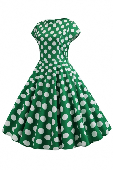 Novelty Womens Dress Polka Dot Print Short Sleeve Waist Controlled Midi A-Line Slim Fitted Round Neck Swing Dress