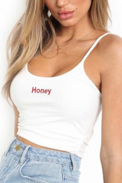 Popular Womens Sleeveless Letter ABCDEFUCKOFF Print Knitted Fit Cropped Cami Top in White