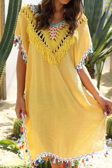 Pretty Womens Shirt Dress Hand-Crochet Colorful Fringe Plain Sheer Backless V Neck Short Sleeve Dress with Slit