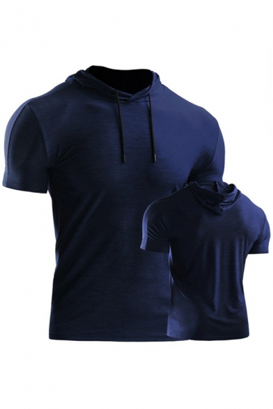 Retro Mens T-Shirt Space Dye Drawstring Quick-Dry Stretch Slim Fitted Hooded Short Sleeve T-Shirt