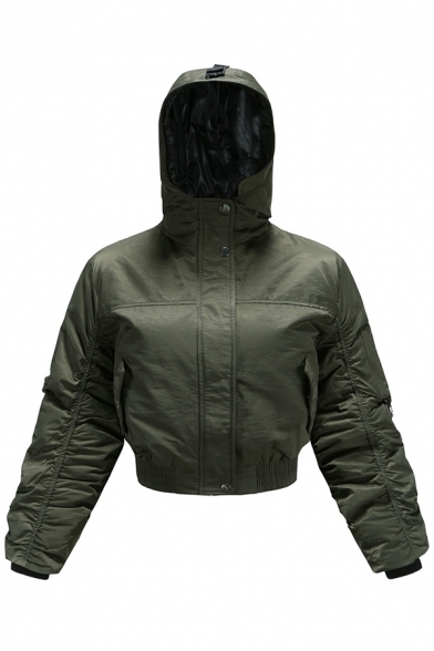 Retro Womens Jacket Velcro Placket Zipper up Hooded Slim Fit Cropped Long Sleeve Padded Jacket