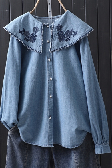 Tribal Style Women's Blouse Flower Embroidery Button-down Ruffled Collar Long-sleeved Regular Fit Linen and Denim Blouse