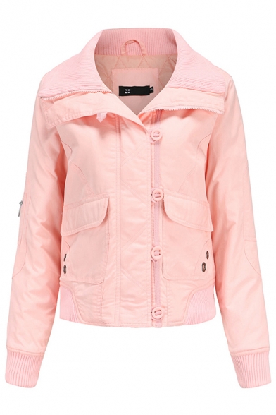 Unique Womens Jacket Solid Color Rib Trim Button Detail Zipper up Turn-down Collar Slim Fit Long Sleeve Padded Jacket
