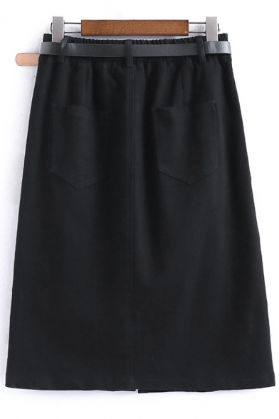 Unique Womens Skirt Plain Button Detail Partially Elastic Waist Split Hem High Rise Midi Bodycon Skirt with Belt