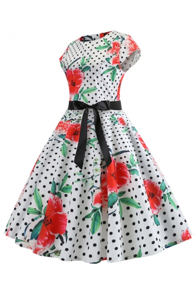 Womens Dress Casual Color Block Chain Polka Dot Floral Leaf Pattern Bow Tie Waist Midi A-Line Slim Fitted Round Neck Short Sleeve Swing Dress