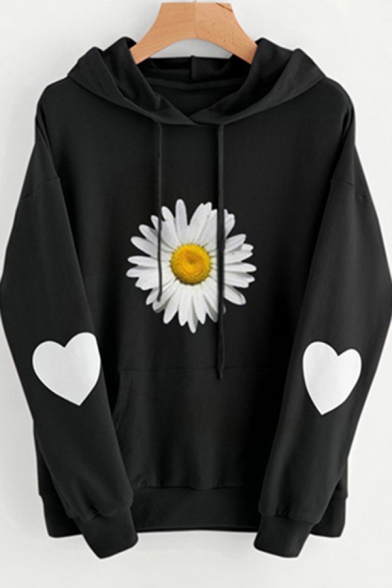 Womens Hoodie Unique Heart Daisy Pattern Kangaroo Pocket Drawstring Long Sleeve Relaxed Fitted Hoodie