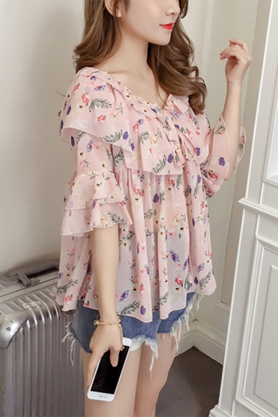 Womens Summer Fashion Pink Floral Print Ruffled Tied Collar Flared Sleeve Casual Chiffon Blouse