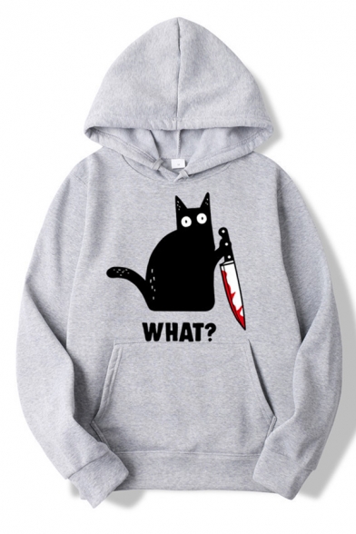 Classic Womens Hoodie Cat Knife Letter What Pattern Kangaroo Pocket Drawstring Long Sleeve Relaxed Fitted Hoodie