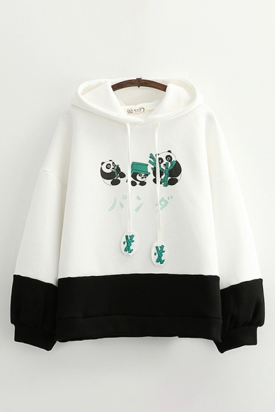 Womens Hooded Sweatshirt Stylish Panda Bamboo Print contrast Hem Drawstring Loose Fit Long Sleeve Hooded Sweatshirt