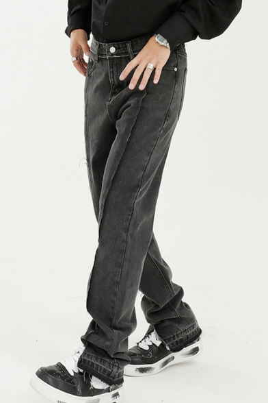 Basic Mens Jeans Dark Wash Split Frayed Hem Zipper Fly Ankle Length Regular Fit Tapered Jeans