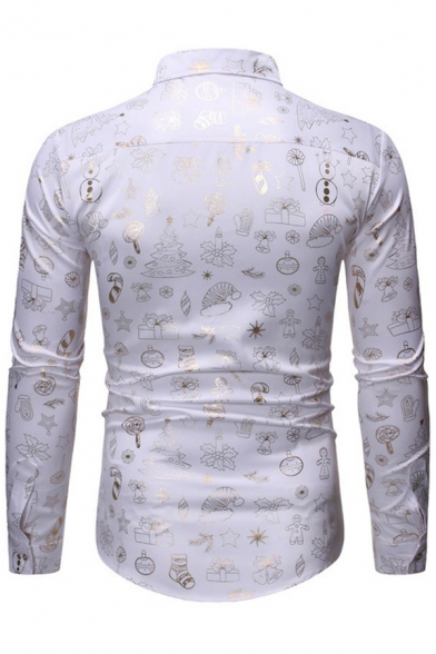 Basic Mens Shirt Gilding Christmas Tree Gift Star Snowman Bell Pattern Point Collar Button-down Slim Fitted Long Sleeve Shirt