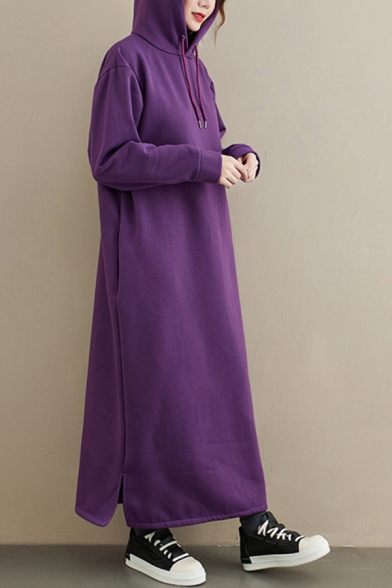 Basic Women's Hoodie dress Dress Solid Color Drawstring Pocket Detail Side Slits Long-sleeved Relaxed Fit Long Hoodie Dress