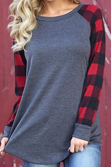 Casual Tee Top Plaid Pattern Contrast Color Round Neck Long Sleeves Regular Fitted T-Shirt for Women