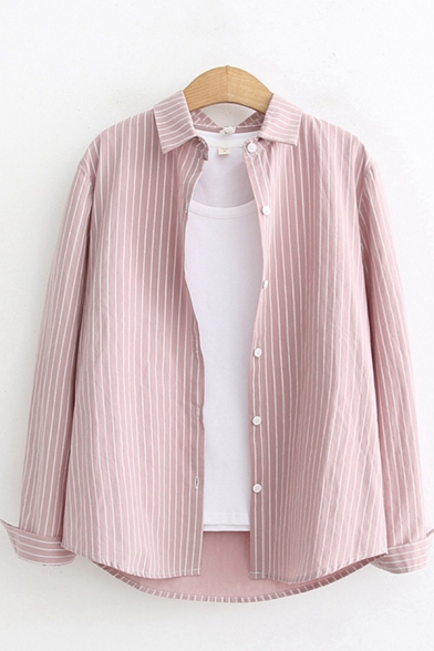 Classic Womens Shirt Vertical Pinstripe Pattern Spread Collar Button Detail Loose Fit Long Sleeve Shirt